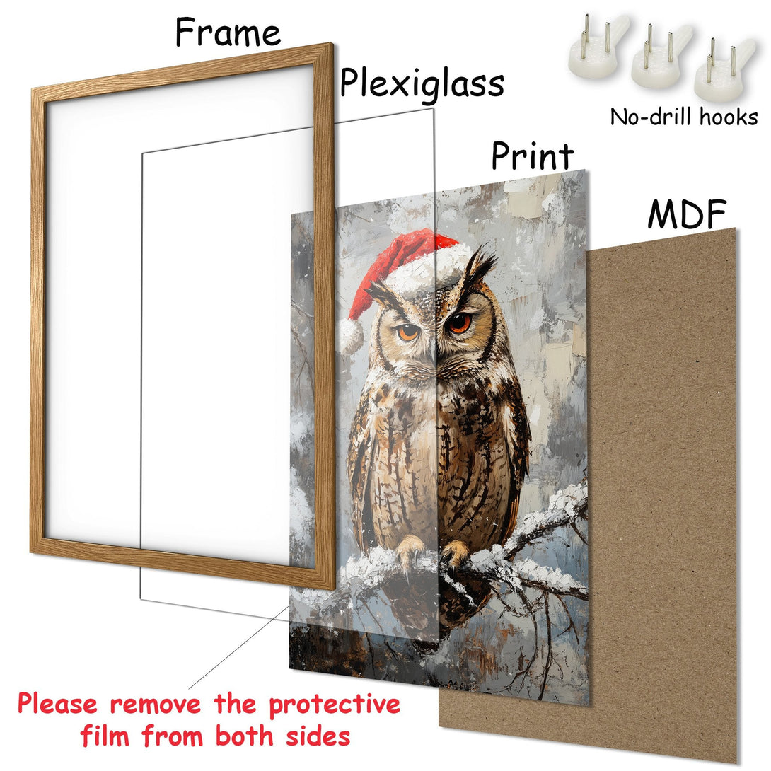 Framed Poster featuring an owl wearing a Santa hat, painted in a textured style with a neutral color palette. Perfect wall art!