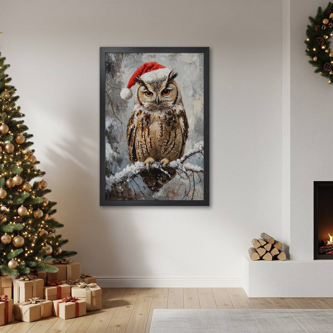 Framed Poster of an owl wearing a Santa hat, painted in a textured style with a neutral and warm color palette. Perfect holiday decor!