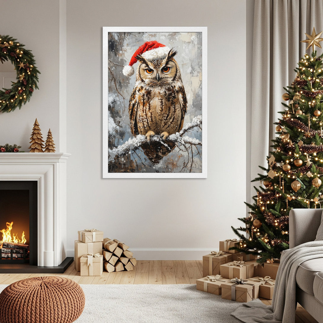 Framed Poster featuring a festive owl in a Santa hat. Artistic style with a neutral, warm color palette, perfect for Christmas decor.