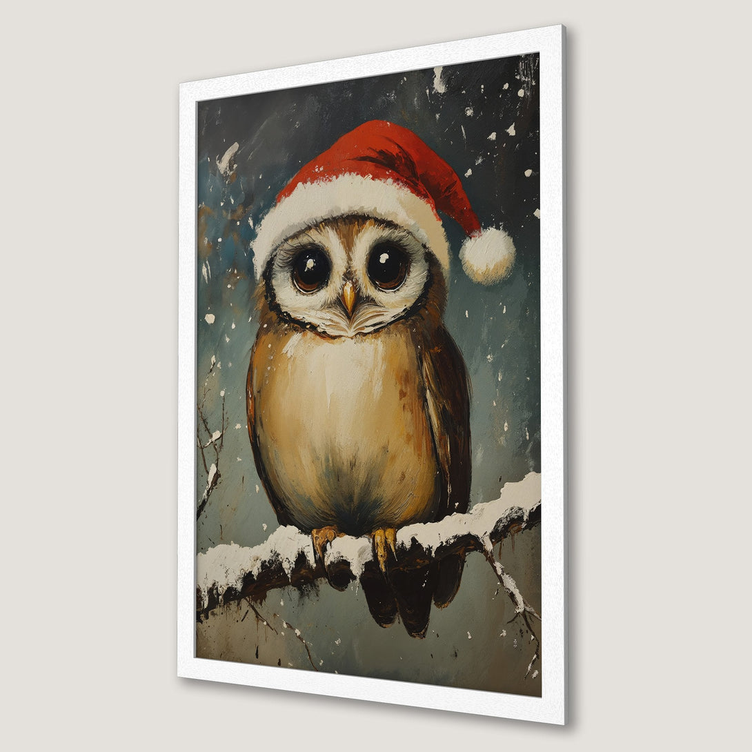 Framed Poster of a cute owl wearing a Santa hat, painted in a whimsical style with a wintery blue and brown color palette. Perfect Christmas decor!