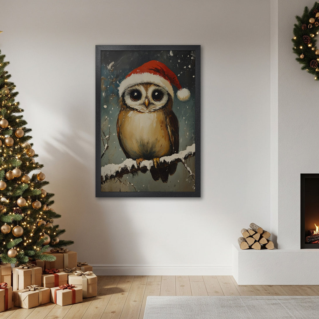 Framed Poster of a festive owl in a Santa hat. Charming art print with a cozy, wintery palette of blues, browns, and red. Perfect Christmas decor!