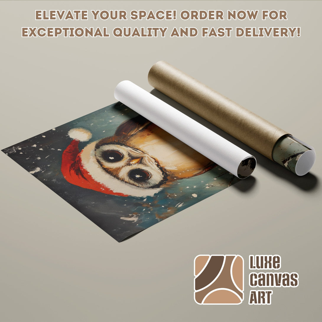 Owl Poster Roll, art print with a Santa hat, in a blue and brown color palette. Perfect wall decor.