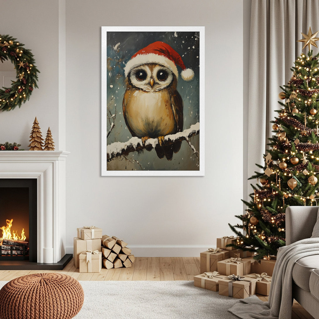 Framed Poster of a festive owl in a Santa hat. Watercolor style, warm palette, perfect Christmas decor.