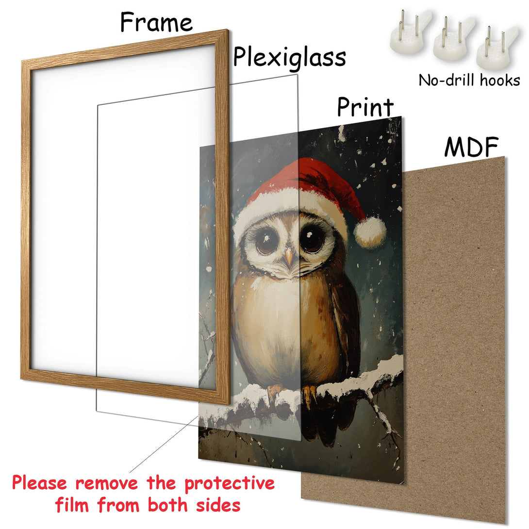 Framed Poster featuring a festive owl in a Santa hat. Warm, earthy tones with a touch of wintery blue. Perfect holiday decor!
