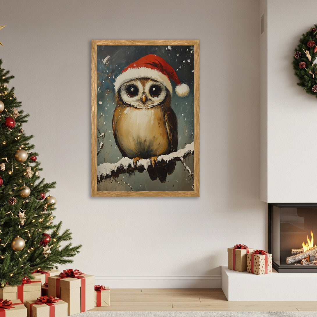 Framed Poster featuring a charming owl in a Santa hat, painted in a whimsical style with a wintery blue and brown color palette. Perfect Christmas decor.