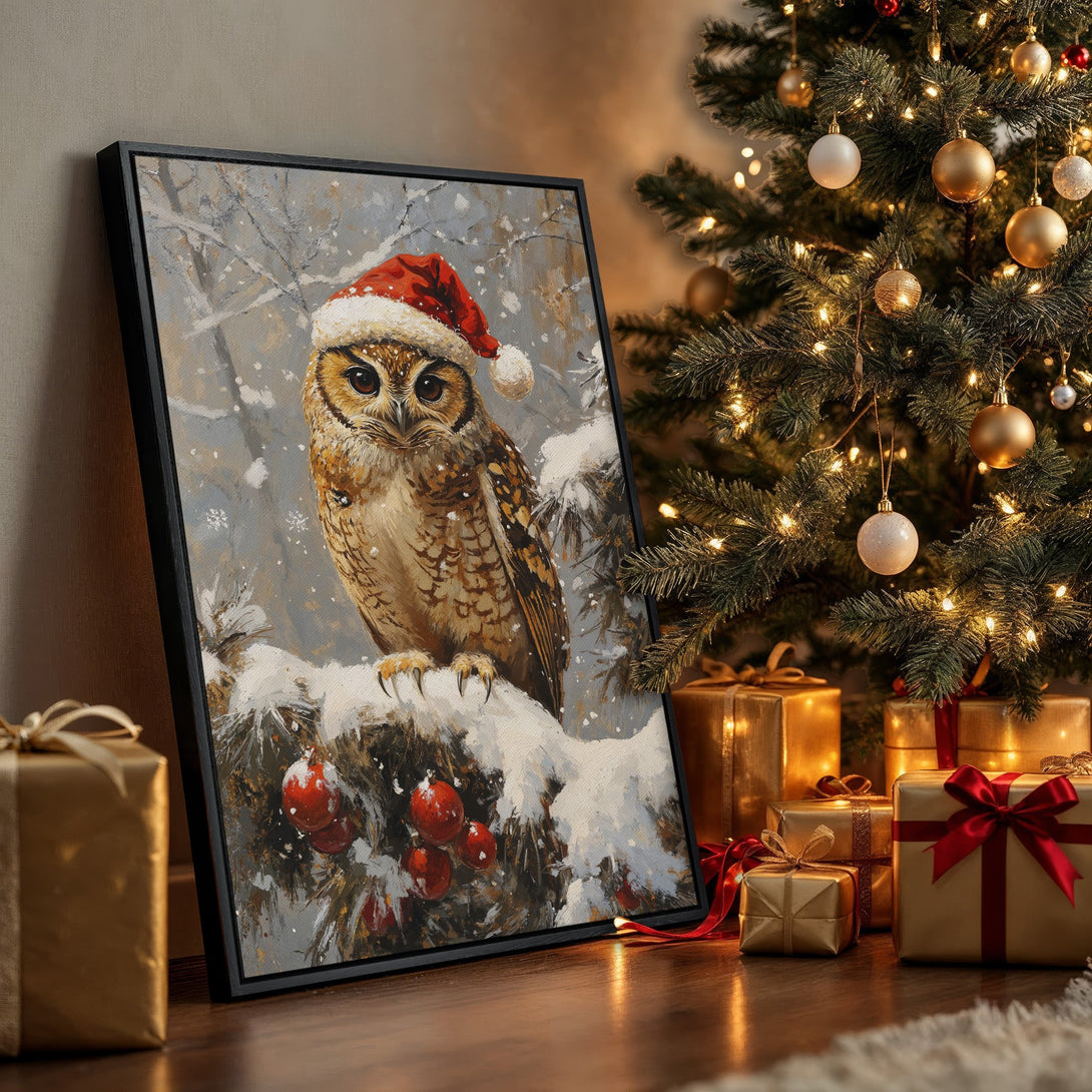 Framed Wall Art: Festive owl in Santa hat painting, showcased in a cozy interior. Wintery scene with a warm, neutral color palette. Perfect Christmas decor!