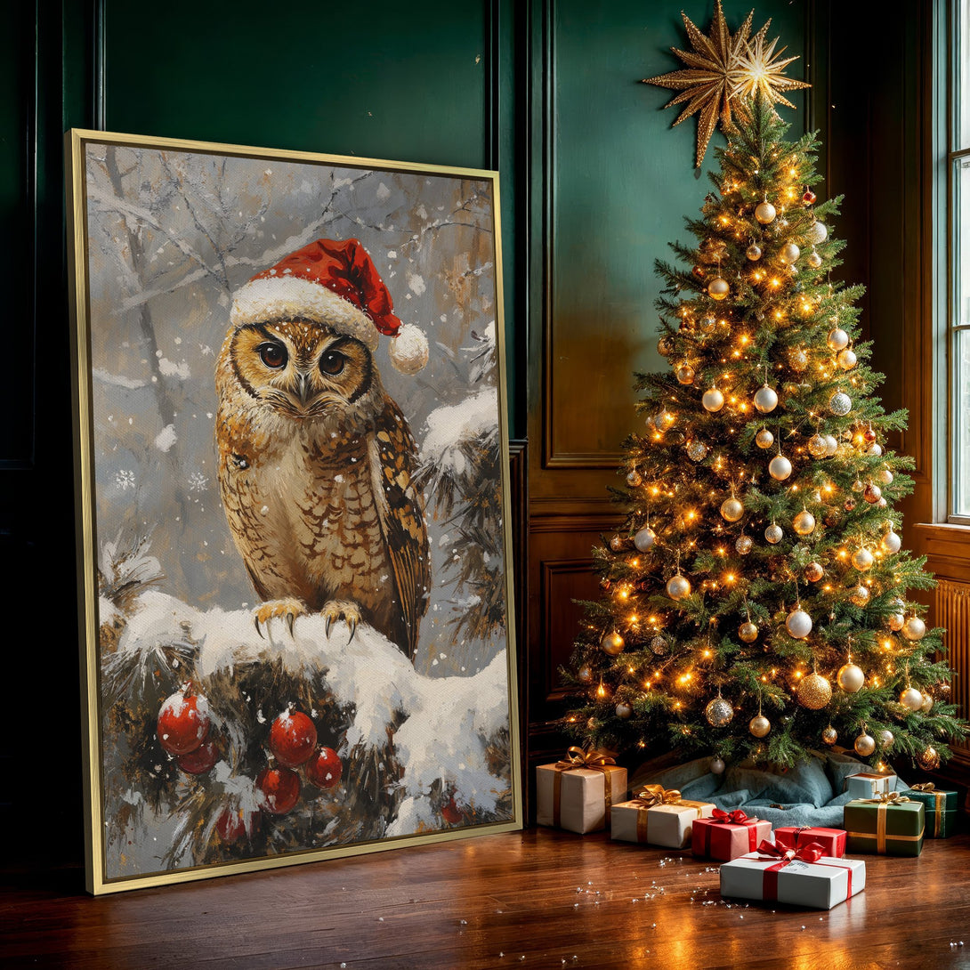 Canvas Print: Festive owl in a Santa hat, winter scene art. Warm brown and red palette, perfect holiday decor. Add a touch of charm to your home!