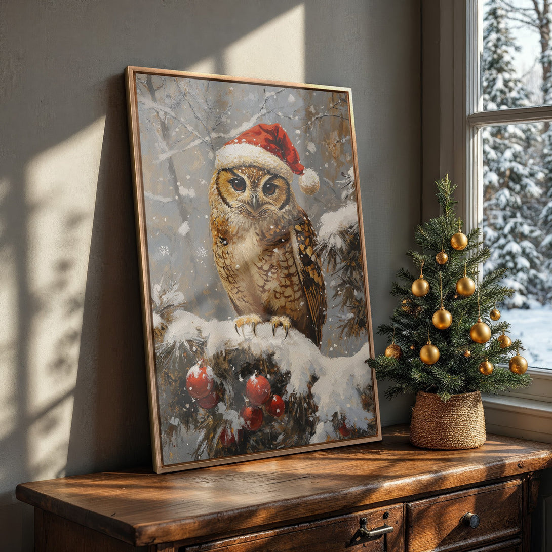 Framed Wall Art featuring a charming owl in a Santa hat, snowy scene, and warm neutral tones. Perfect Christmas home decor!