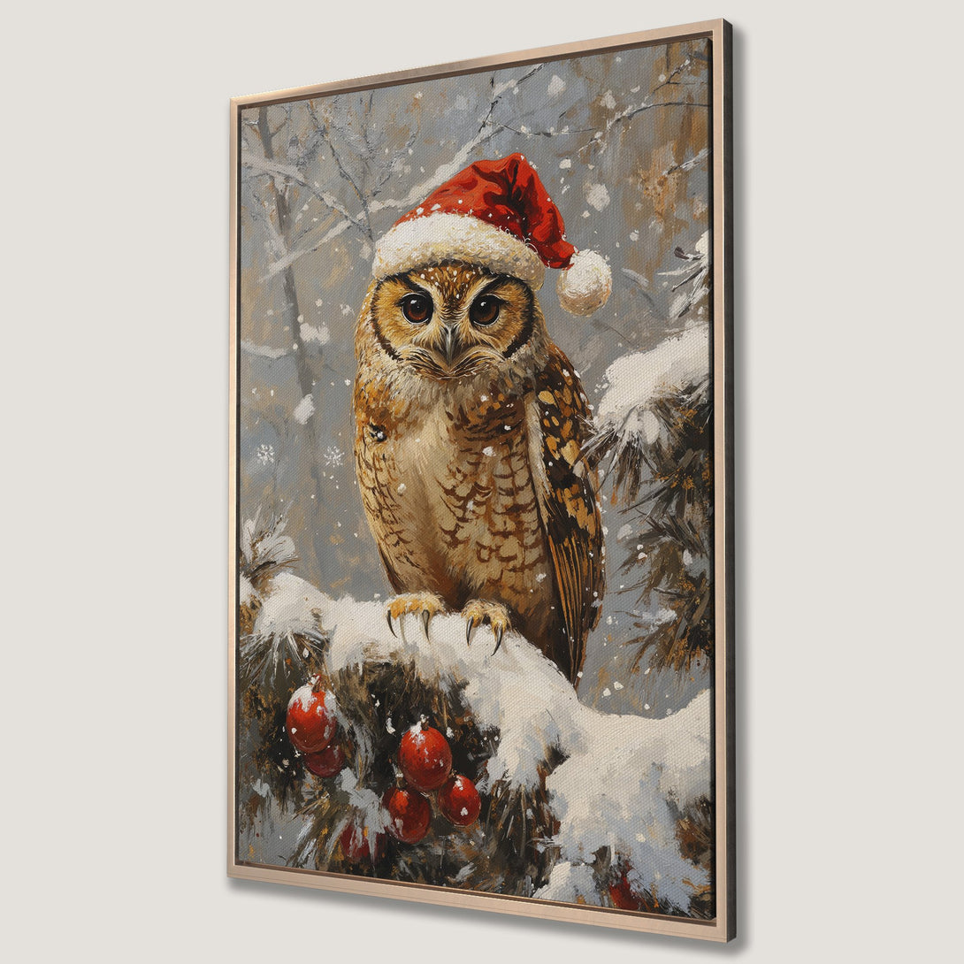 Framed Wall Art: Festive owl wearing a Santa hat in a snowy scene. Beautiful, painterly style with a warm, neutral color palette. Perfect holiday decor!