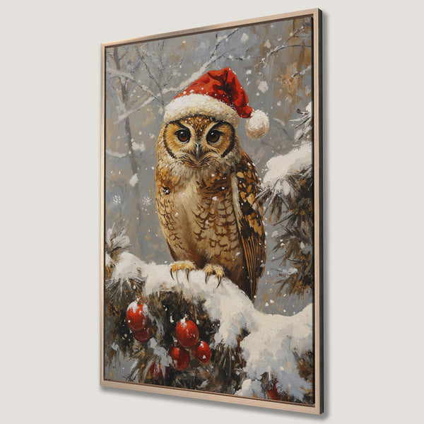 Framed Wall Art: Festive owl wearing a Santa hat in a snowy scene. Beautiful, painterly style with a warm, neutral color palette. Perfect holiday decor!