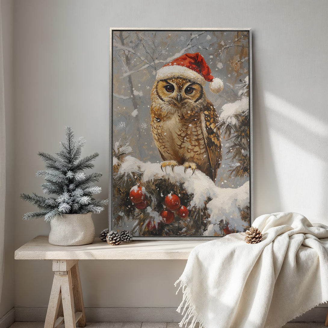 Framed Wall Art: Festive owl in a Santa hat, snowy winter scene. Neutral & warm color palette. Perfect holiday decor for your home.