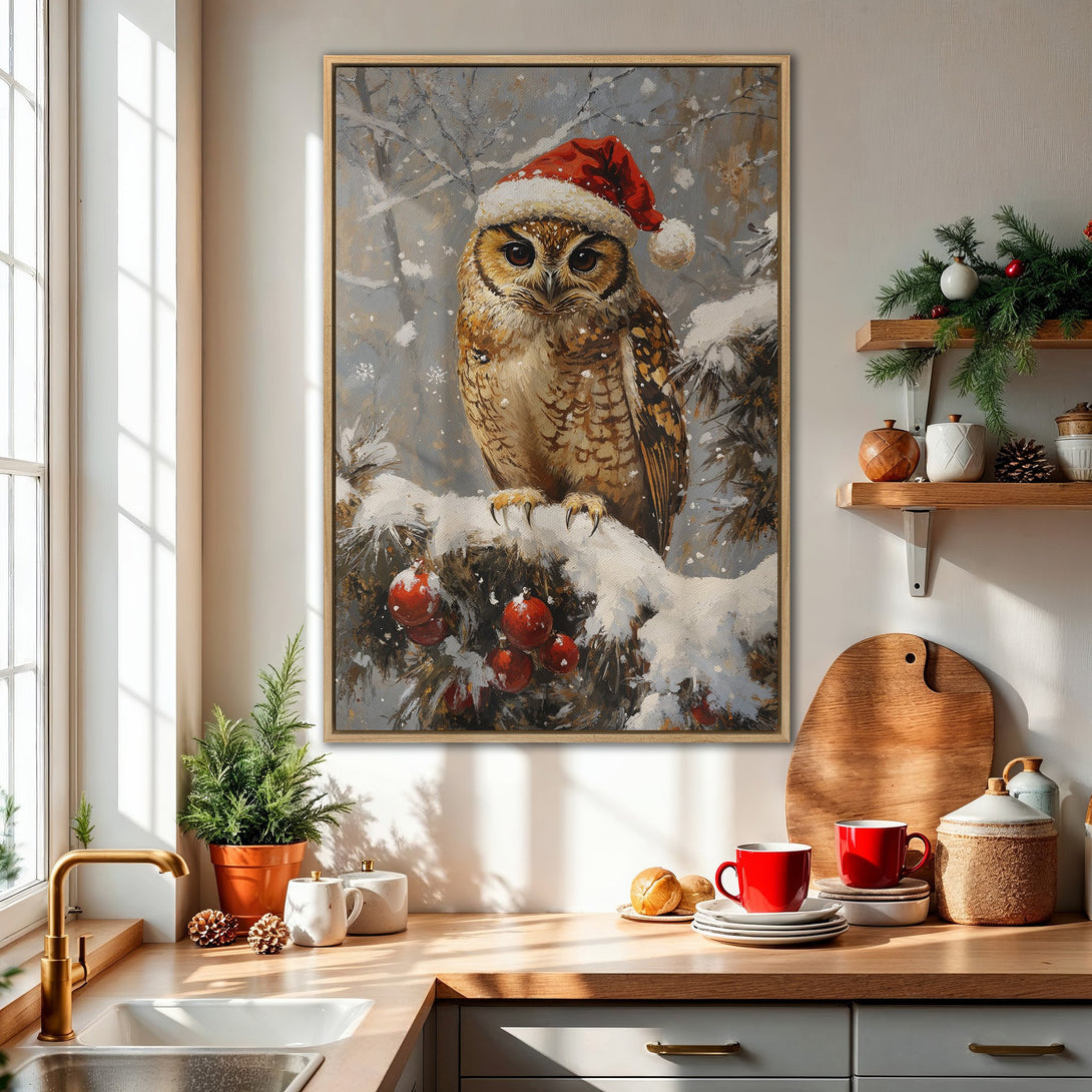 Framed Wall Art: Festive owl in a Santa hat. Wintery scene with a neutral, grey, and red color palette. Perfect holiday decor for your home.