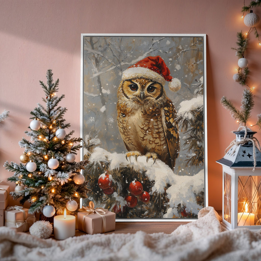 Framed Wall Art: Festive owl in a Santa hat. Winter scene with warm brown, gray, and red tones. Perfect for Christmas decor.