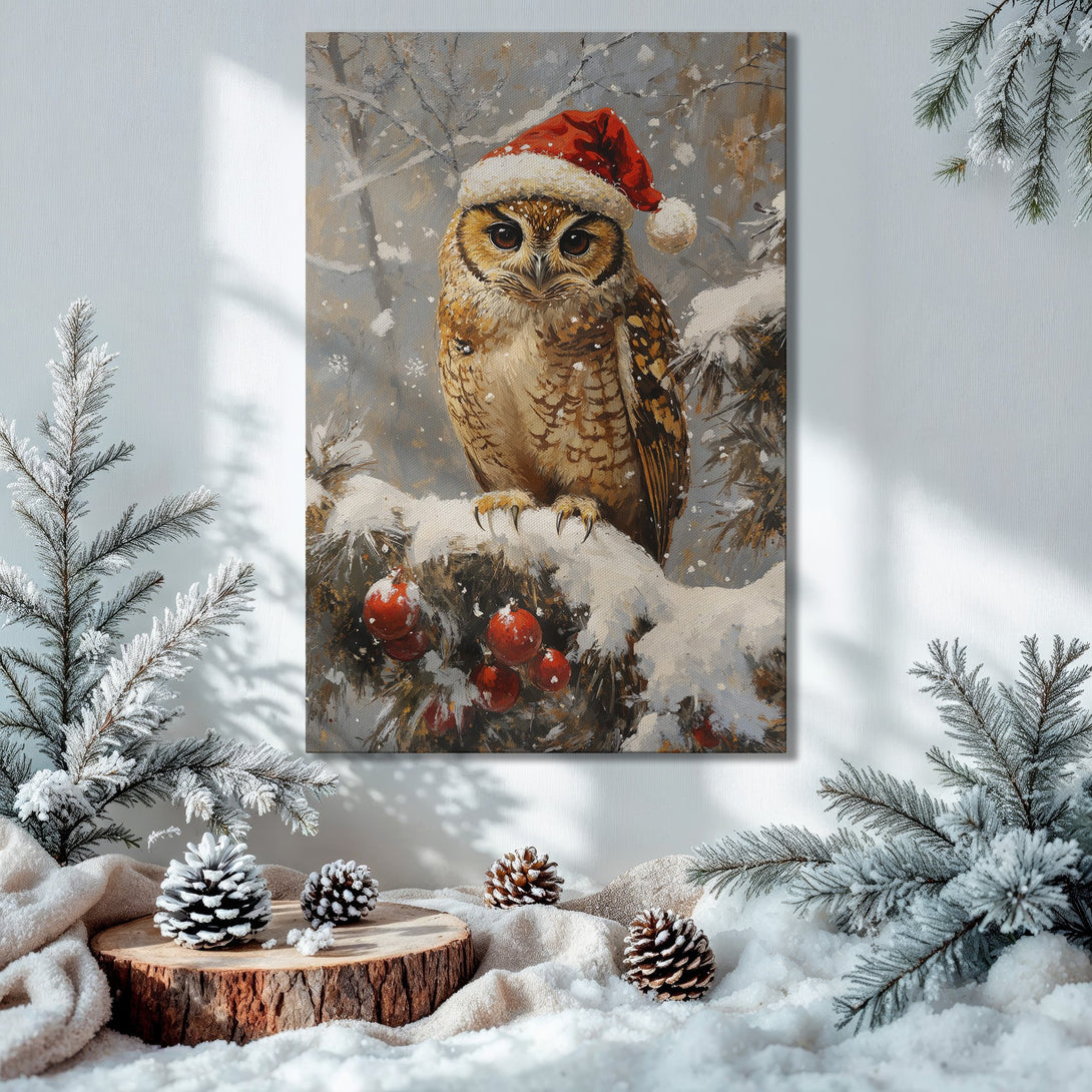 Framed Wall Art: Festive owl in Santa hat canvas print. Wintery scene with neutral, red, and brown tones. Perfect Christmas decor!