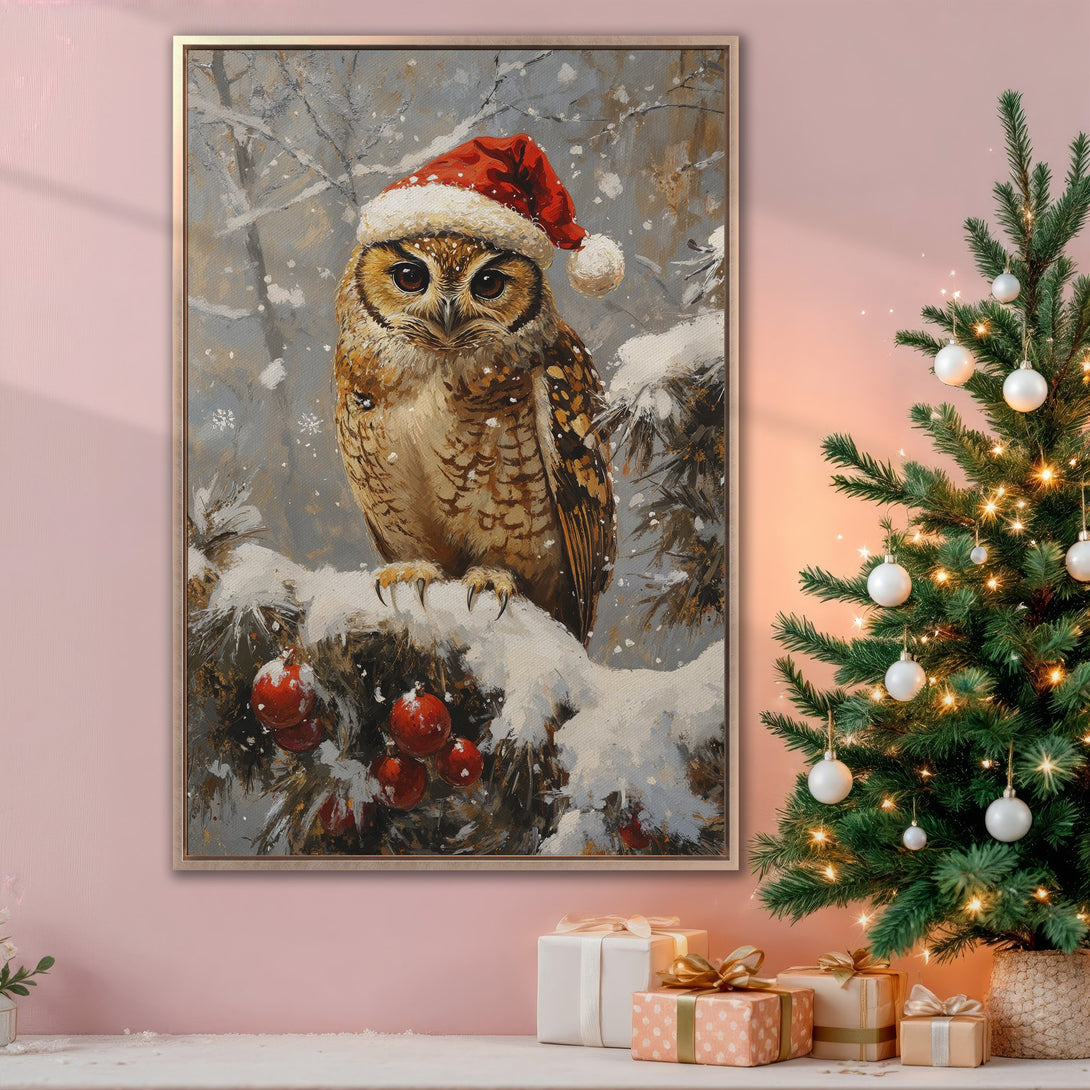 Framed Wall Art: Festive owl in a Santa hat, winter scene with a warm, neutral palette. Perfect holiday decor!