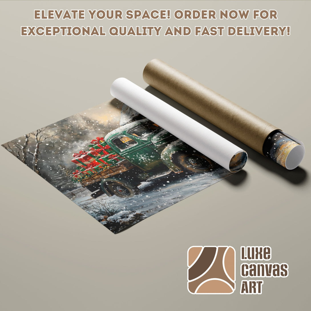 Poster Roll of a vintage truck in a snowy scene, rustic style, with a green, red, and gray color palette.