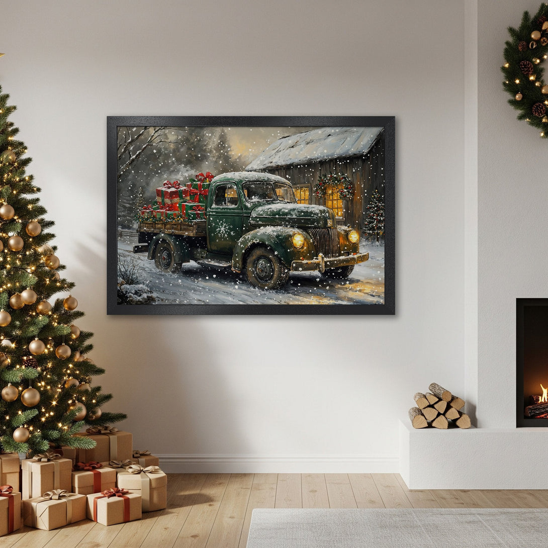Framed Poster featuring a vintage truck delivering Christmas gifts. Rustic style with a warm, snowy scene in green, red, and brown hues. Perfect holiday decor!