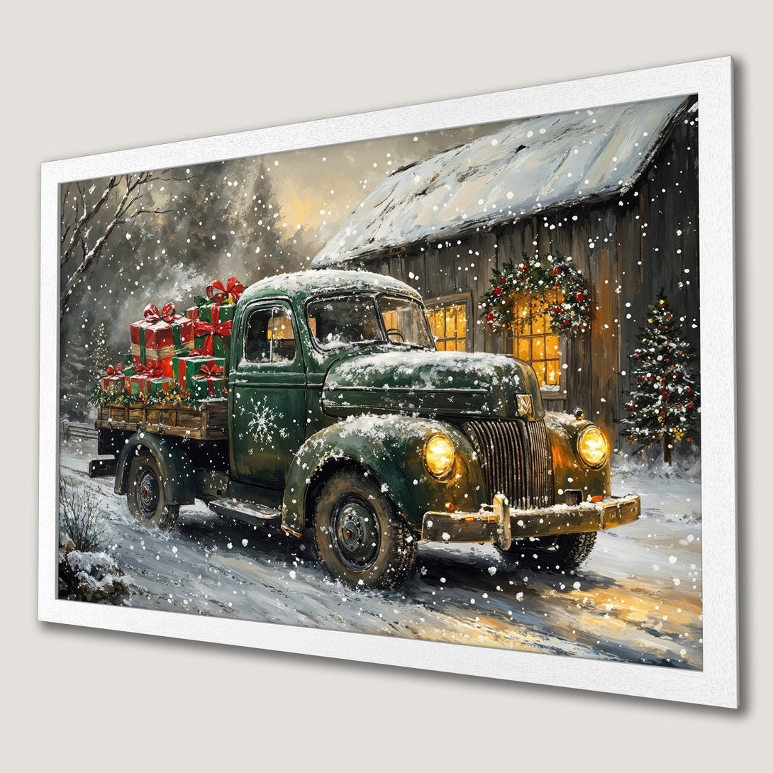 Framed Poster of a vintage truck delivering Christmas gifts. Rustic style with green, red, and snowy white palette. Perfect holiday decor!