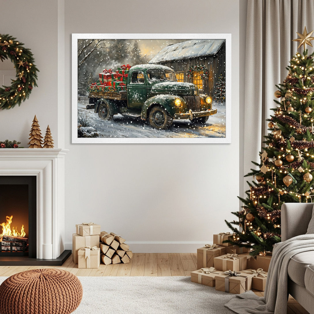 Framed Poster featuring a vintage truck with gifts in a snowy scene. Warm, inviting color palette perfect for Christmas decor.