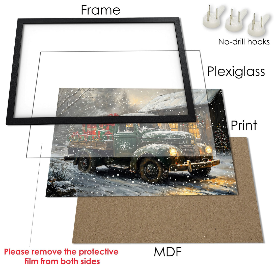 Framed Poster of a vintage truck in a winter scene. Rustic style with a warm, neutral color palette. Perfect holiday decor!