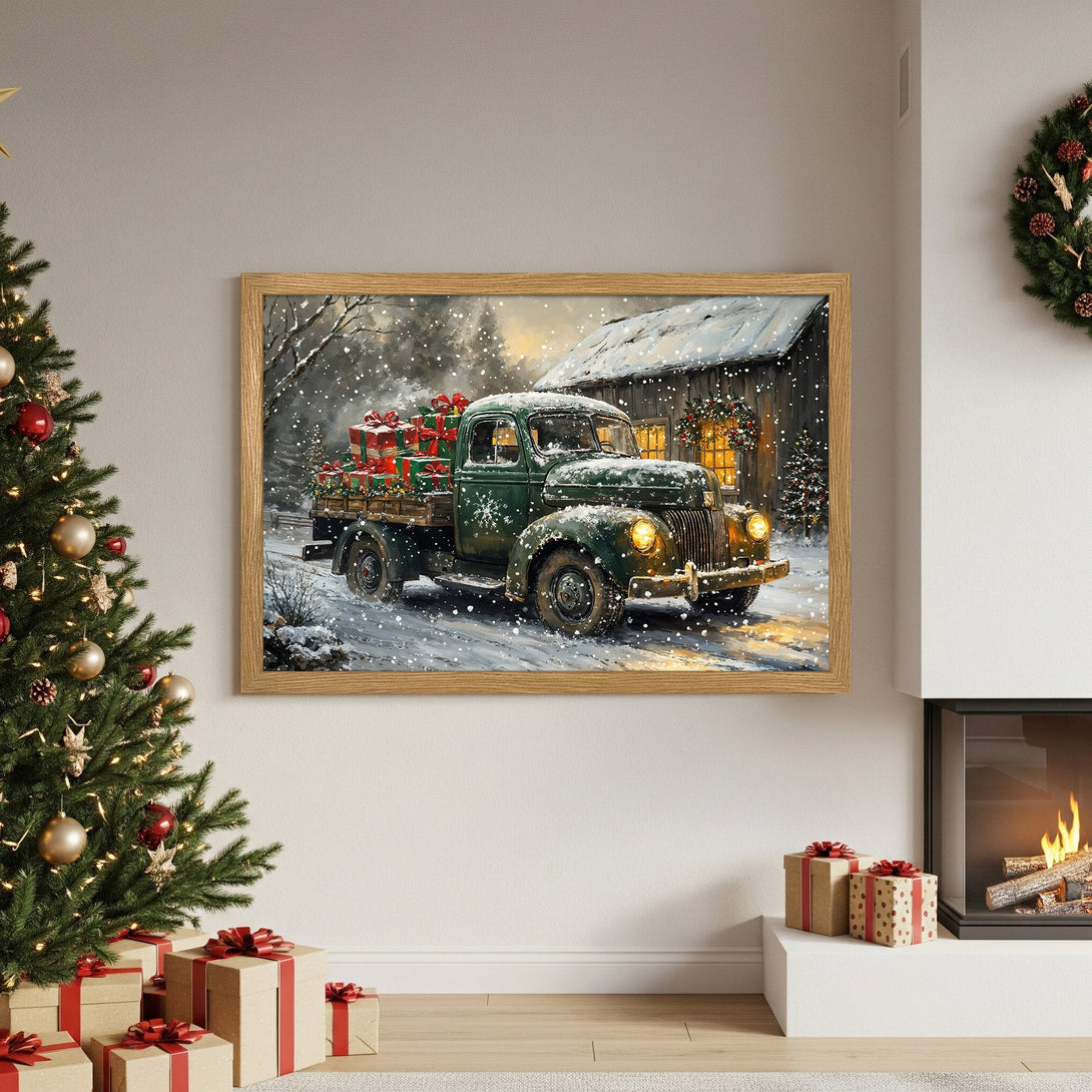 Framed Poster of a vintage truck delivering Christmas gifts in a snowy scene. Warm, inviting colors. Perfect holiday decor.