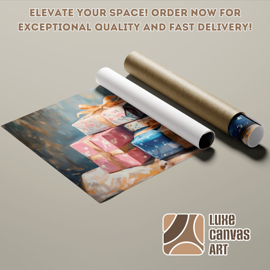 Poster Roll featuring a colorful abstract painting of gifts, in a warm color palette. Elevate your space!