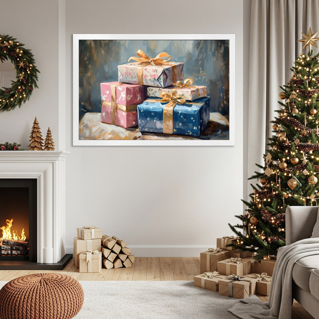 Framed Poster featuring a stack of Christmas gifts, painted in a soft, impressionistic style with a warm, festive color palette.