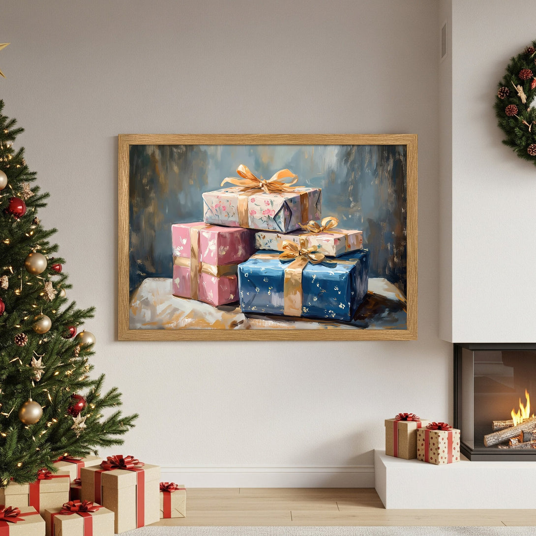 Framed Poster featuring a festive still life of gifts. Impressionistic style with a blue, pink, and gold color palette. Perfect holiday decor!