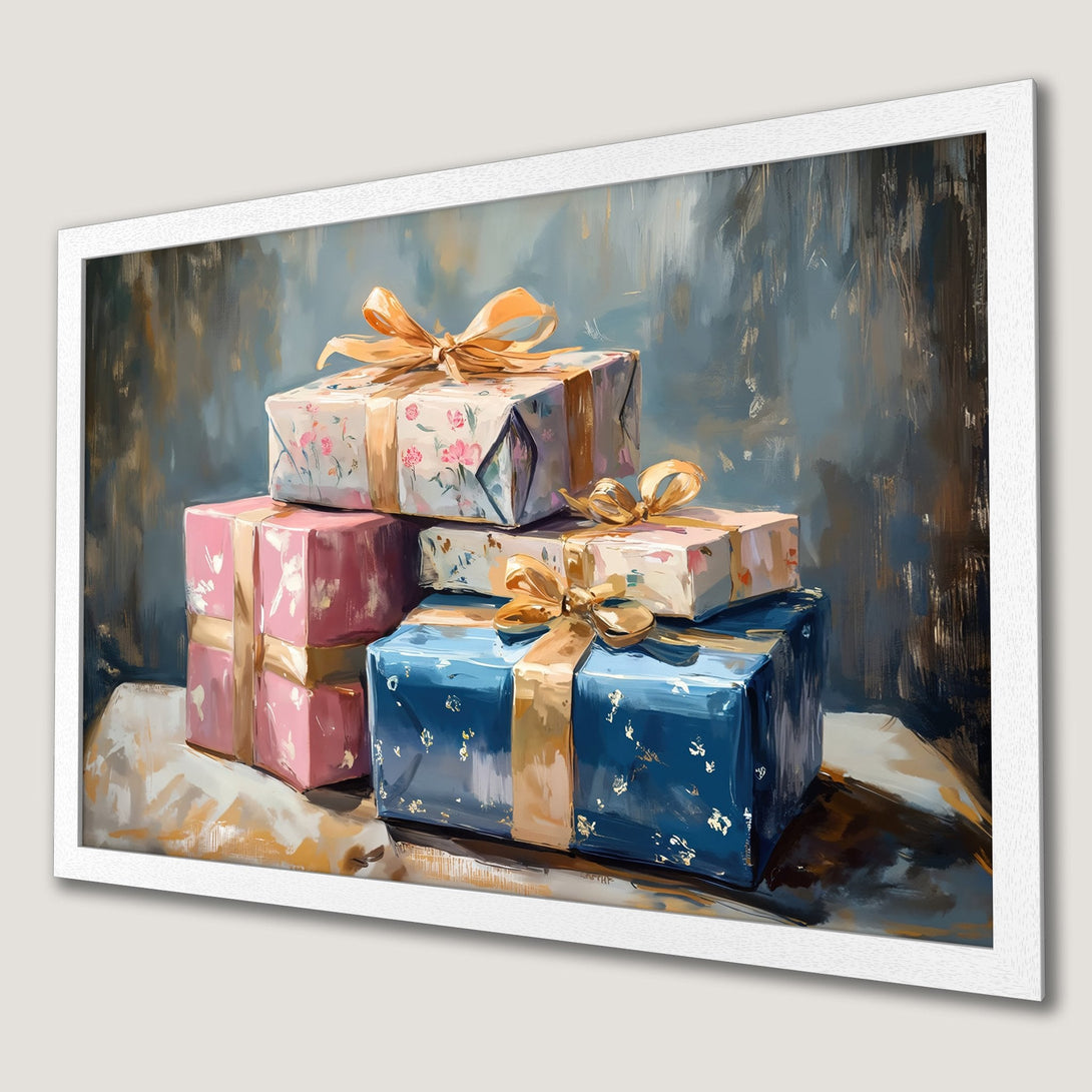 Framed Poster featuring a still-life of wrapped gifts in pastel colors with gold accents. Perfect for adding a touch of elegance to any space.