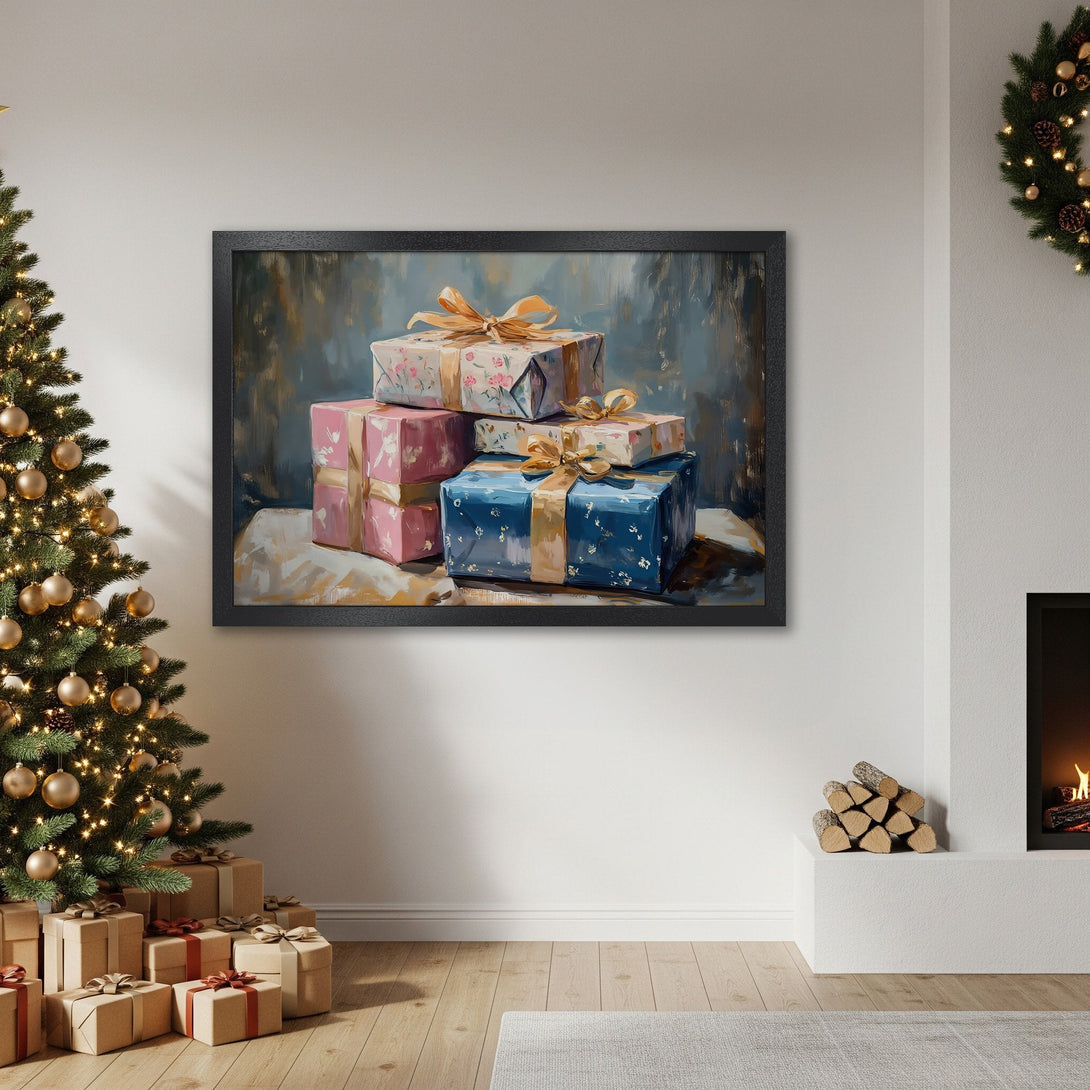 Framed Poster of Christmas gifts, oil painting style, with pink, blue, and gold color palette. Perfect holiday decor!