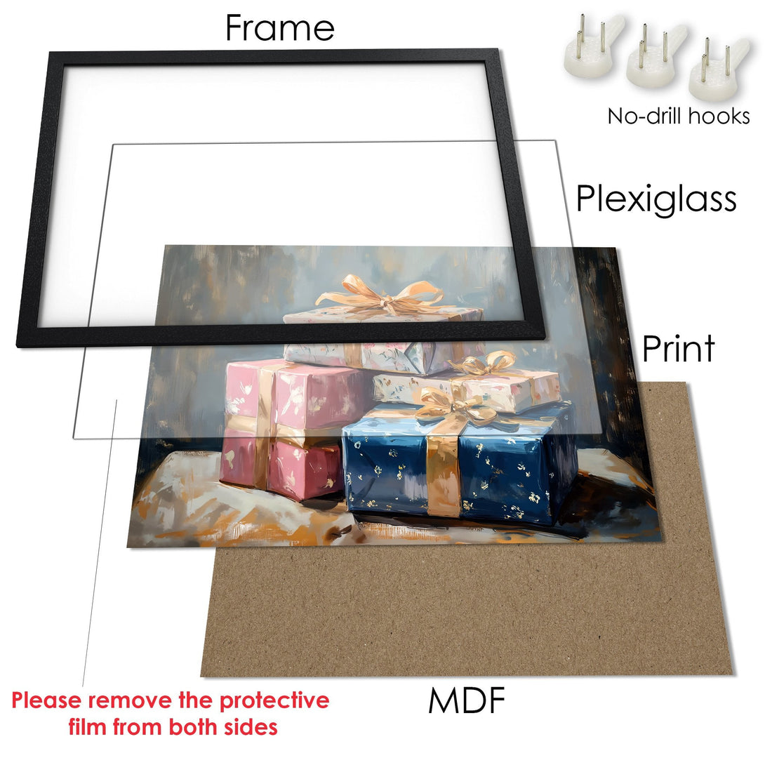 Framed Poster of wrapped gifts in a painterly style. Soft pastel color palette with pinks, blues, and golds. Perfect for gifting!