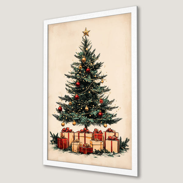 Framed Poster featuring a festive Christmas tree illustration in vintage style with red, green, and gold color palette. Perfect holiday decor!