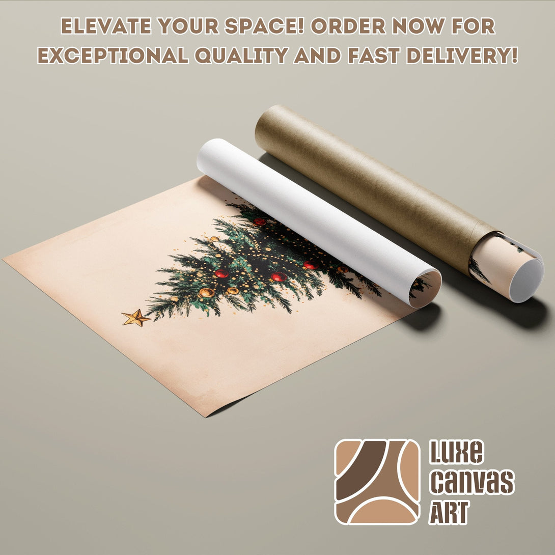 Christmas tree poster roll, vintage style, warm beige & green color palette. Shop now!
