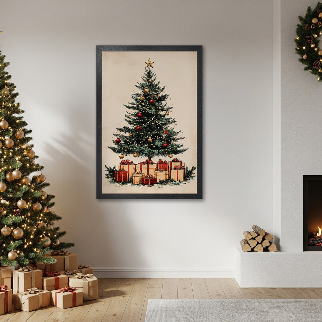 Framed Poster featuring a Christmas tree illustration. Warm, inviting color palette perfect for holiday decor. Add festive cheer to your home!