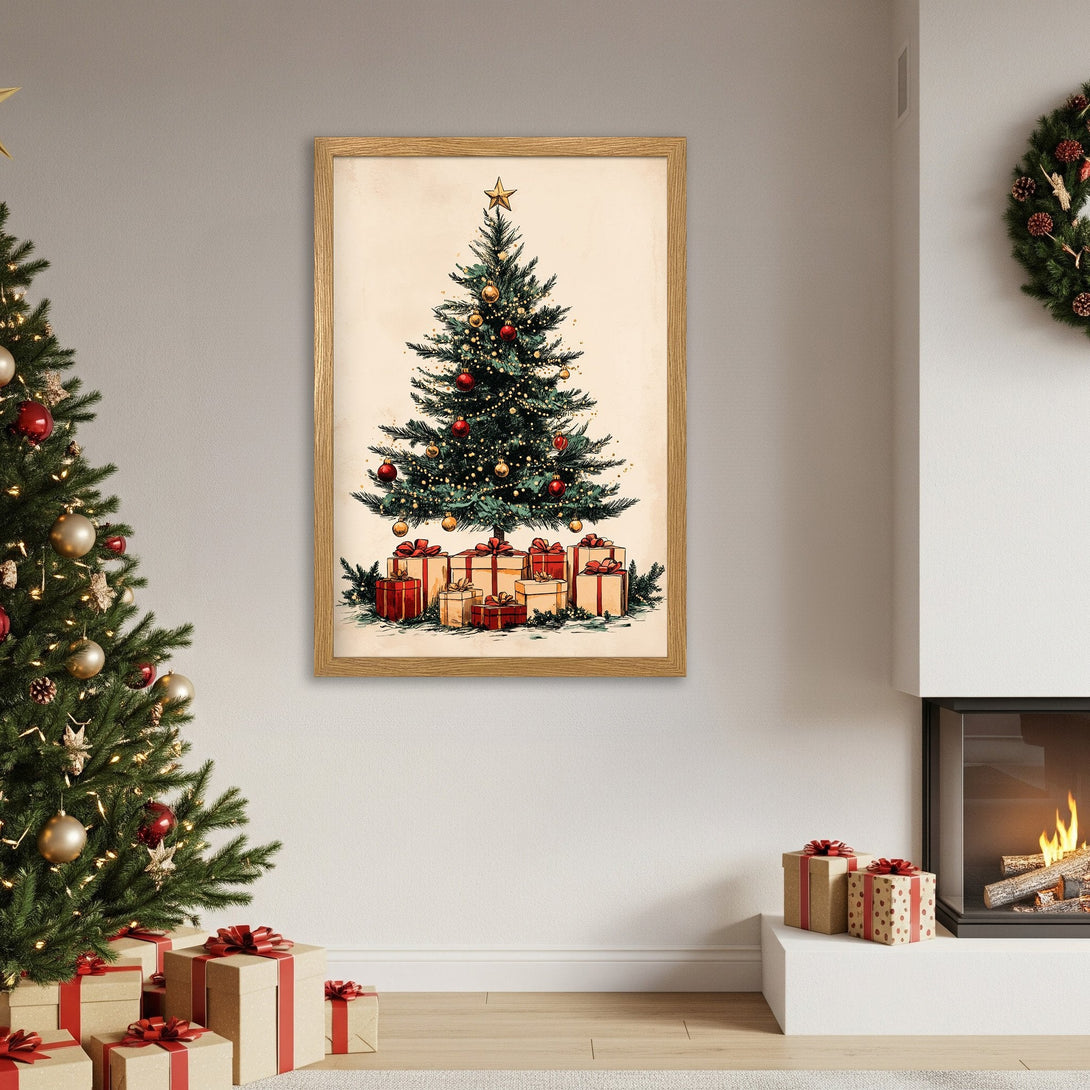 Framed Poster featuring a Christmas tree illustration. Warm, inviting color palette with green, red, and gold accents. Perfect holiday decor!