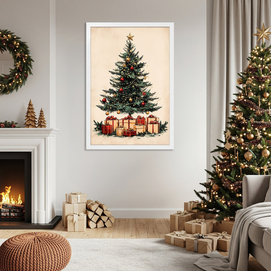 Framed Poster featuring a vintage Christmas tree illustration. Warm, inviting color palette with greens, reds, and gold. Perfect holiday decor!