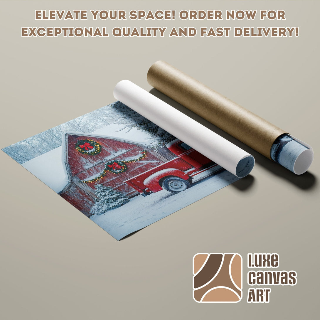 Poster Roll featuring a winter scene with a red barn and truck, in a warm, inviting color palette.