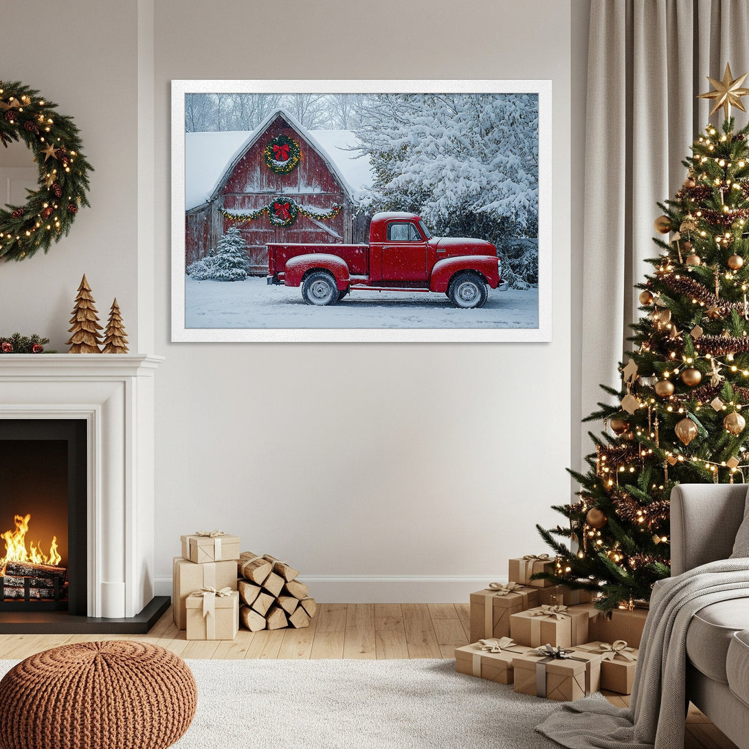 Framed Poster of a red truck in a snowy scene. Rustic style, warm red, white, and green color palette, perfect for Christmas decor.