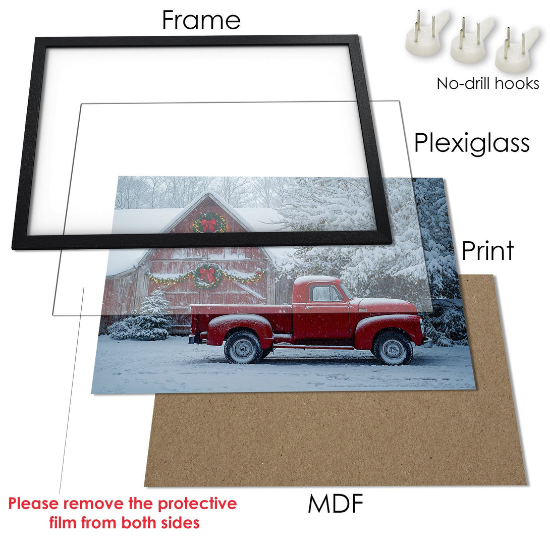 Framed Poster featuring a red truck in a winter scene. Rustic style with a red, white, and brown color palette. Perfect for holiday decor!