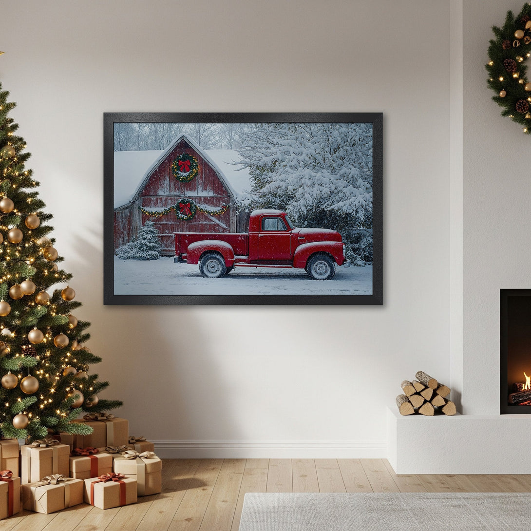 Framed Poster featuring a vintage red truck in a snowy scene. Rustic style with red, white, and green color palette. Perfect Christmas decor.