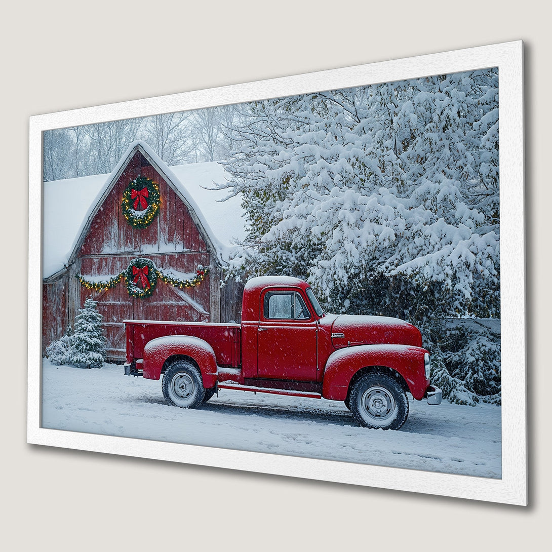 Framed Poster featuring a classic red truck in a snowy winter scene. Rustic style, warm red and cool white color palette. Perfect holiday decor!