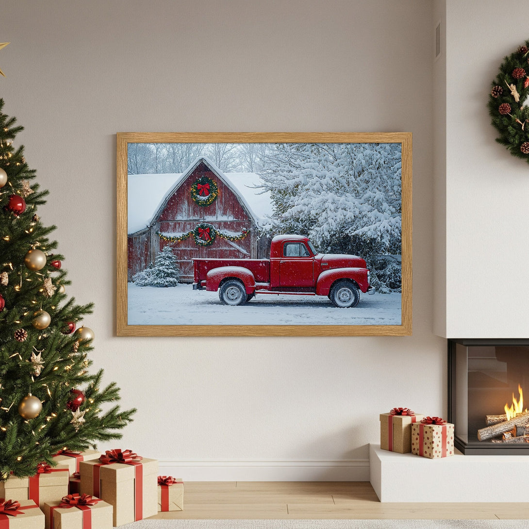 Framed Poster featuring a red truck in a snowy scene. Rustic style with a warm, winter color palette. Perfect holiday decor!