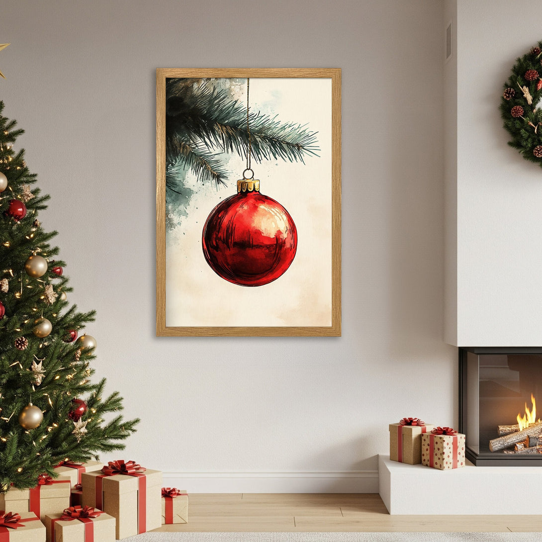 Framed Poster featuring a watercolor Christmas ornament in red and green. Festive holiday art for home decor.