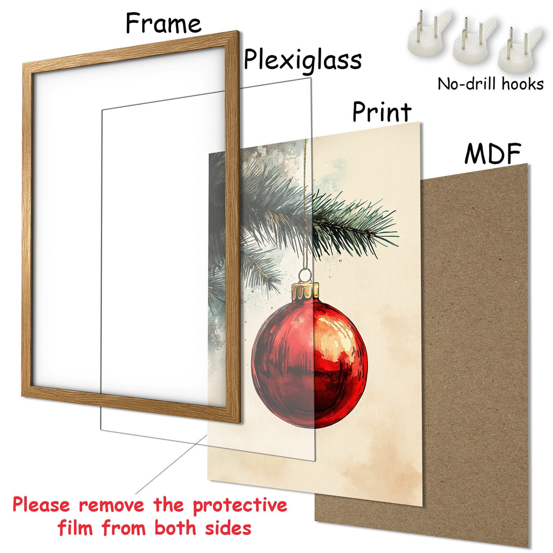 Framed Poster featuring a watercolor Christmas ornament. Rustic style with red & green accents on a neutral background. Ready to hang!