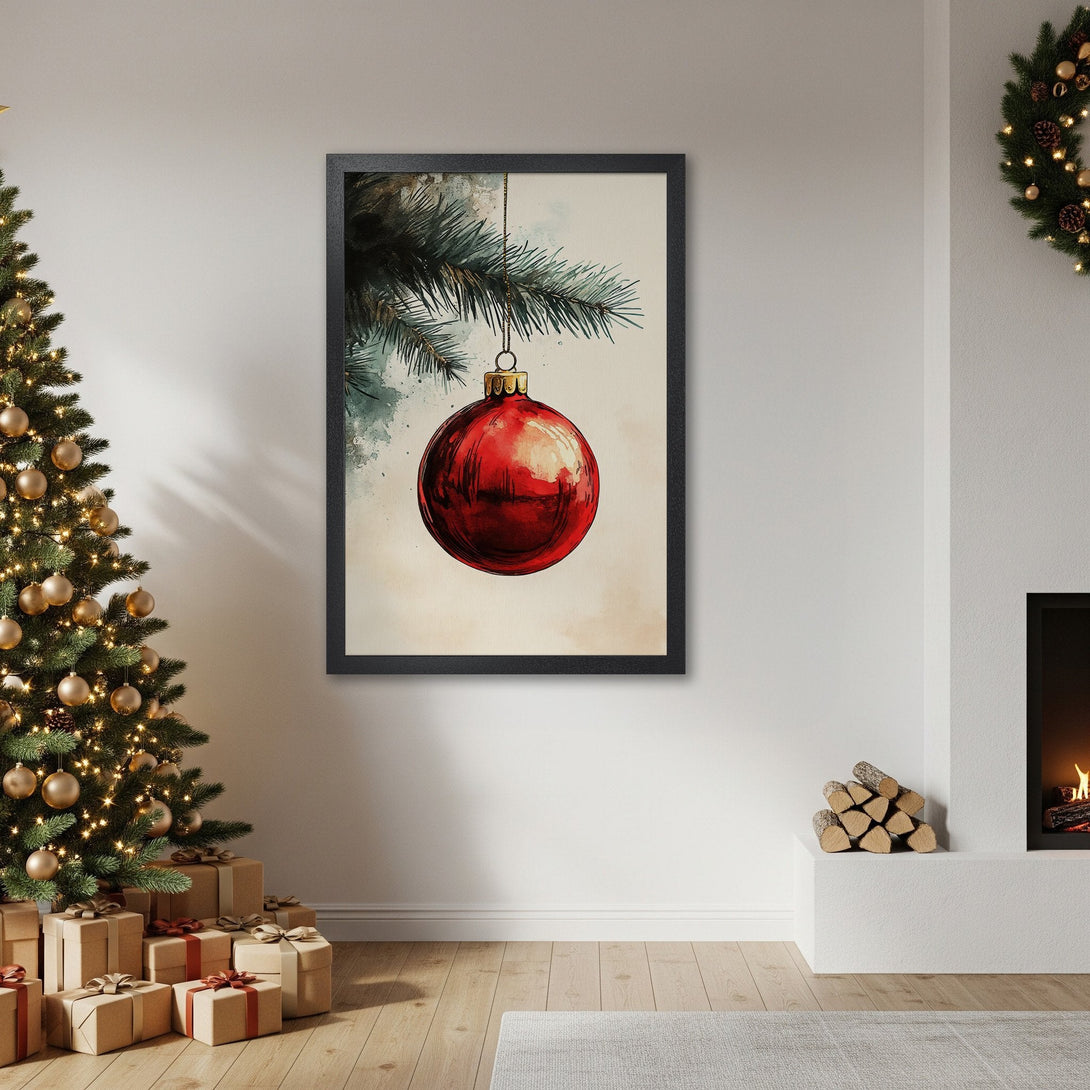 Framed Poster featuring a watercolor-style Christmas ornament in red, green, and beige. Perfect holiday decor!