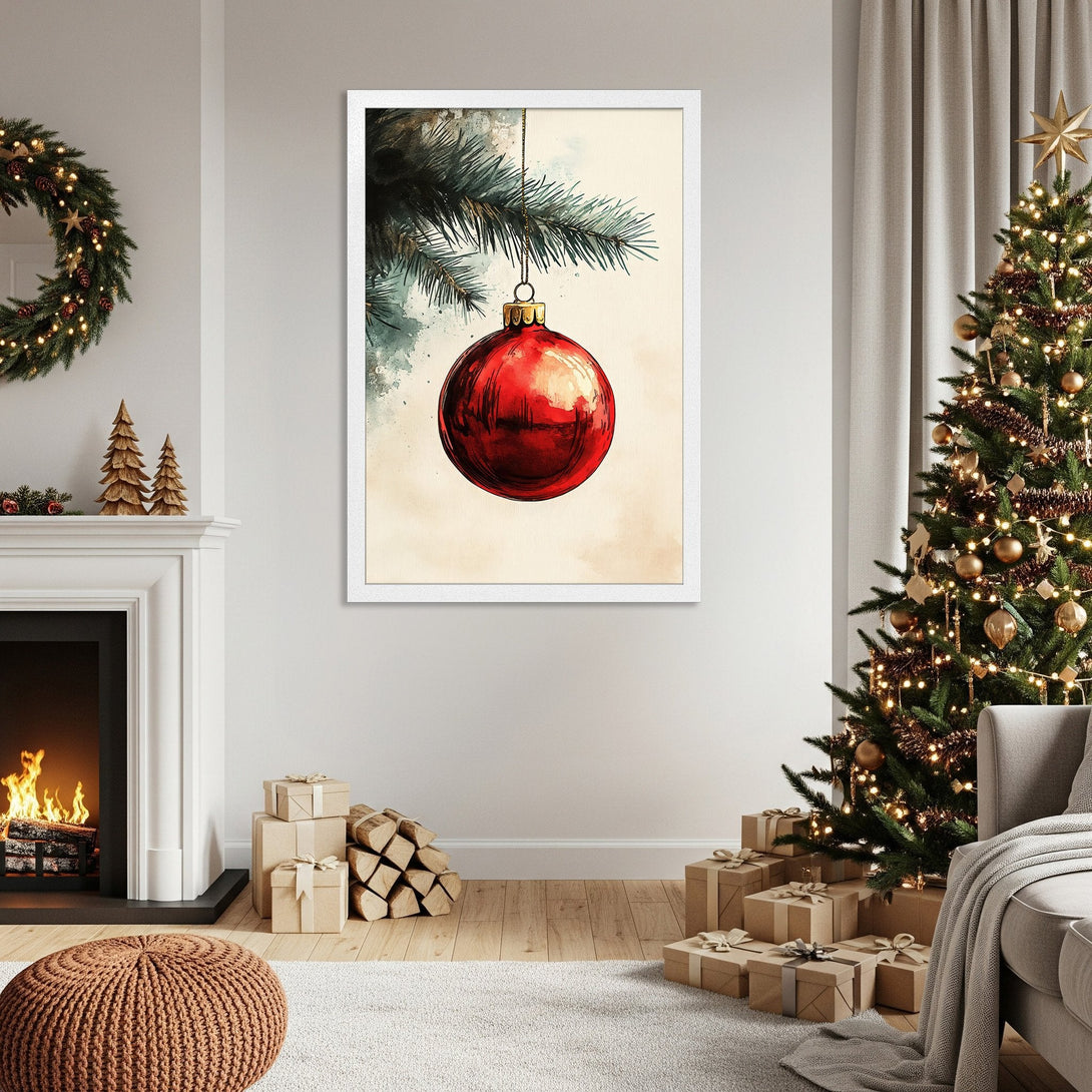 Framed Poster featuring a watercolor style Christmas ornament in red, green, and cream tones. Perfect holiday decor!