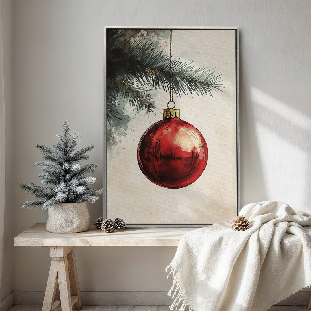 Framed Wall Art: Watercolor Christmas ornament print in red and green. Rustic, cozy decor with neutral tones. Perfect holiday wall art for your home!