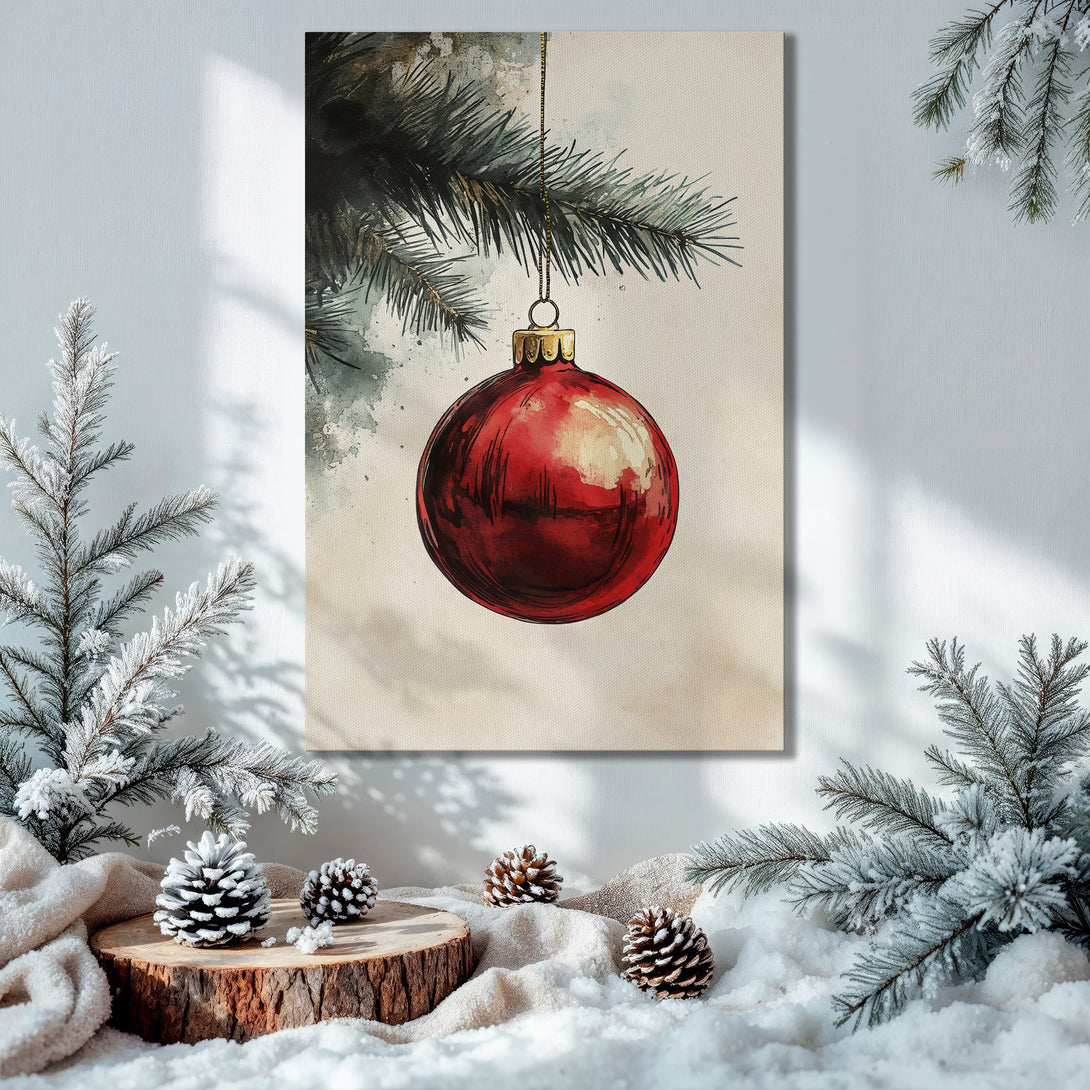 Framed Wall Art: Watercolor Christmas ornament print. Festive holiday decor in red, green, and gold. Perfect for seasonal home accents.