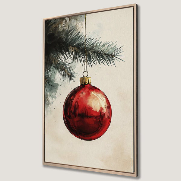 Framed Wall Art: Watercolor Christmas ornament on canvas. Festive red and green artwork with a neutral background. Perfect holiday decor!