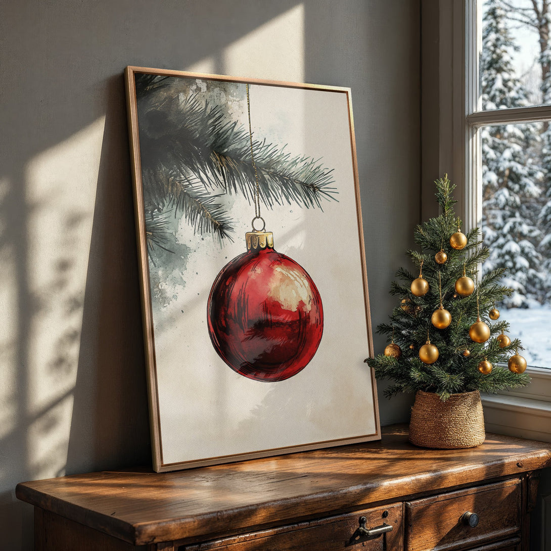 Framed Wall Art: Watercolor Christmas ornament print in red, green, and gold. Perfect holiday decor for a cozy, rustic interior. Shop now!